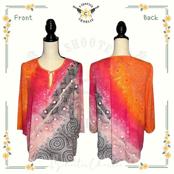 Rafaella Sundials Print Satin Crinkle Tunic Top Women's Size Small Pink Peacock - Picture 1 of 8
